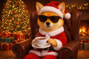 Stylish dingo dressed as Santa Claus sitting in a leather armchair, holding a cup of hot tea, with a decorated Christmas tree, wrapped presents, and a cozy fireplace glowing in the background.
